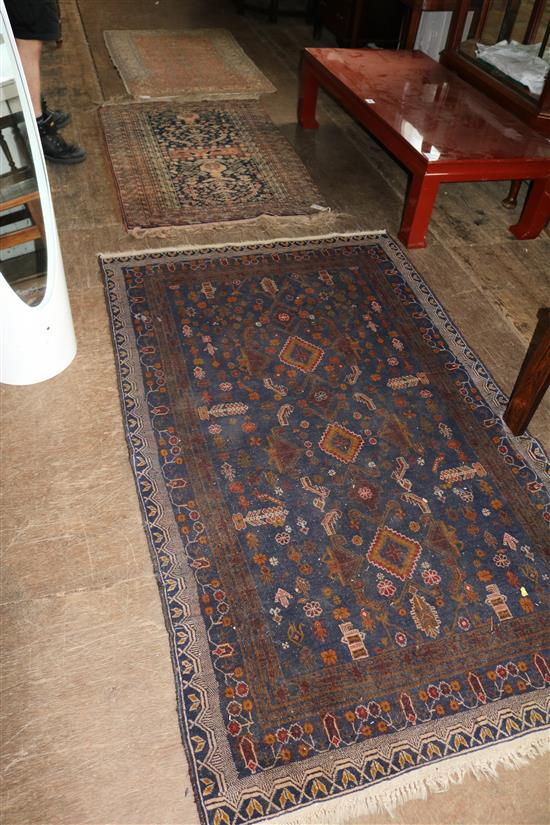 2 blue ground Afgan Baluch rugs & Turkish pink ground rug(-)